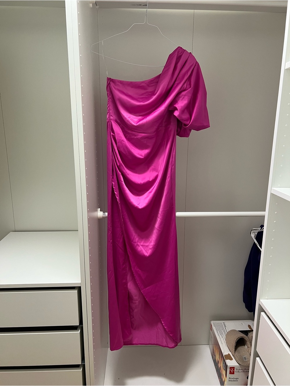 Boohoo One-Shoulder Hot Pink Draped Evening Gown - Picture 6 of 9